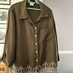 Dressbarn Olive Green Blouse with White Beaded Embroidery